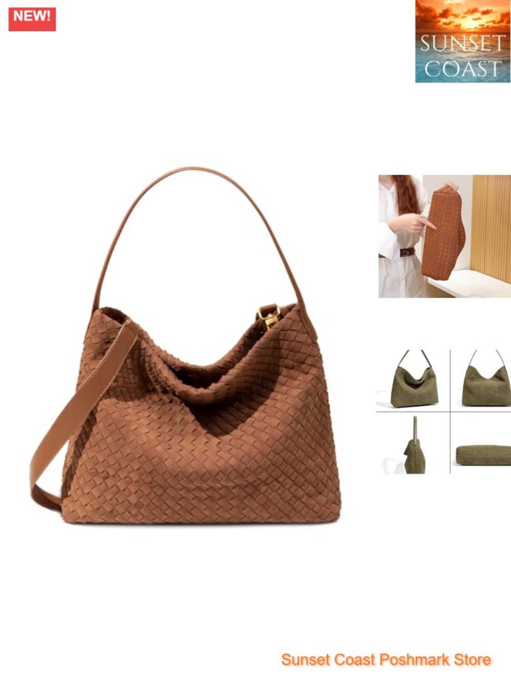 Woven Hobo Shoulder Bag Faux Suede Slouchy Crossbody Purse Tote